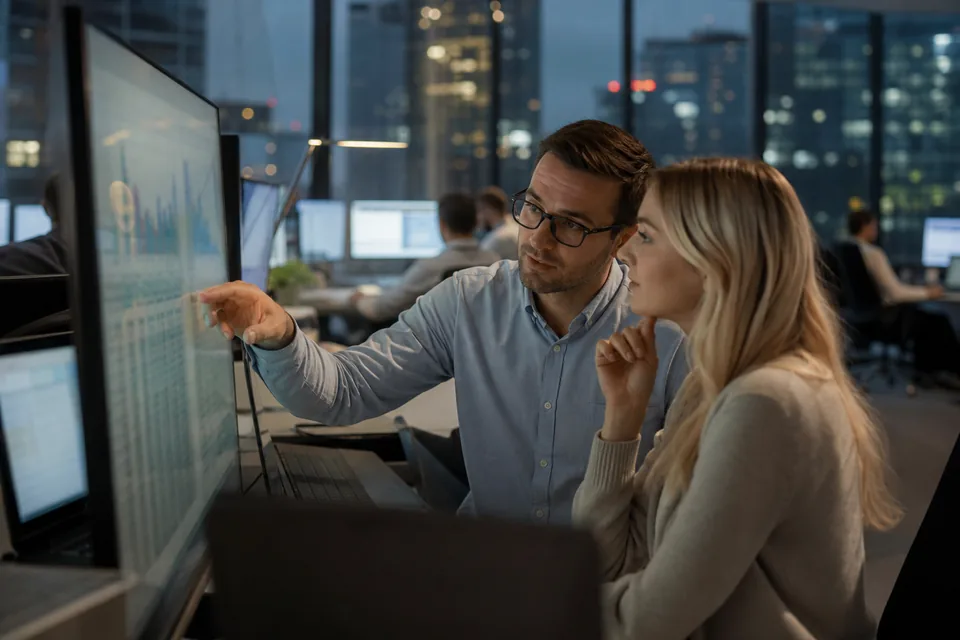 Analitycy finansowi oceniają fakturę na monitorach w biurze firmy finansującej